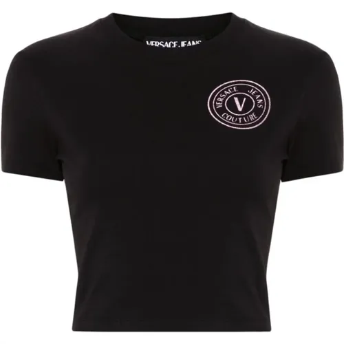 Schwarzes V-Emblem Logo T-Shirt - Versace Jeans Couture - Modalova