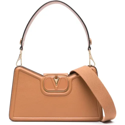 Light Brown Hammered Leather Shoulder Bag with VLogo Detail , female, Sizes: ONE SIZE - Valentino Garavani - Modalova