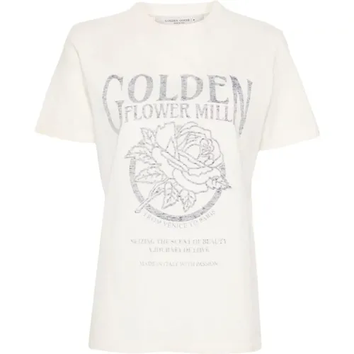 Verwaschenes Elfenbein Baumwoll T-Shirt mit Goldenem Blumenmuster , Damen, Größe: S - Golden Goose - Modalova