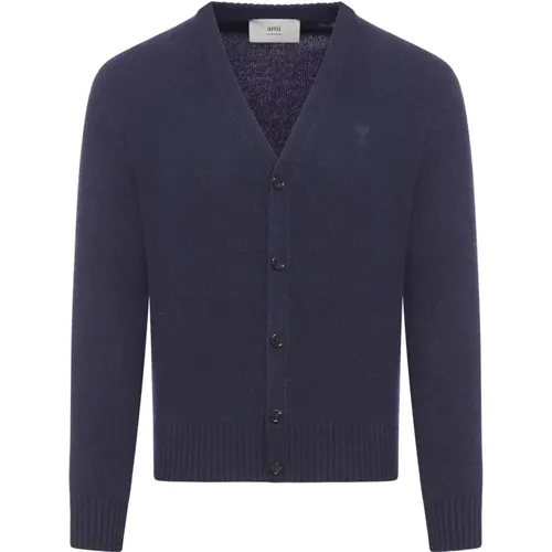 Blauer Strick-Cardigan mit Monogramm-Design , Herren, Größe: M - Ami Paris - Modalova