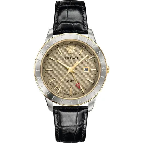 Herrenuhr Schwarzes Leder Gold Silber GMT , male, Sizes: ONE SIZE - Versace - Modalova