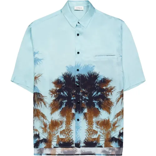 Turquoise palm printed shirt , male, Sizes: XL - Laneus - Modalova