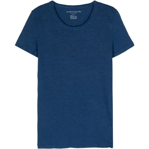Blaues Leinen-Jersey-T-Shirt , Damen, Größe: M - majestic filatures - Modalova