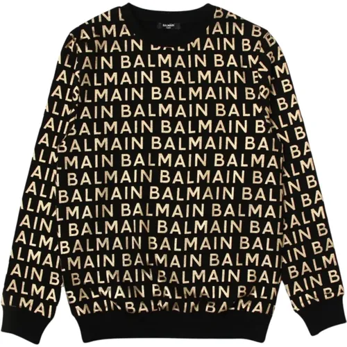 Schwarzer Pullover mit goldenem Logo-Print - Balmain - Modalova