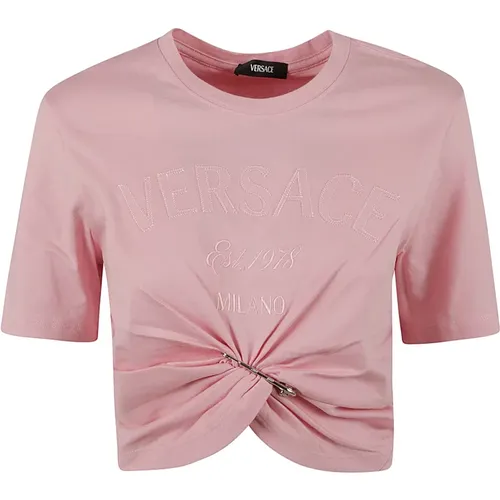 T-Shirts und Polos aus Jersey-Stoff mit Milano Logo-Stickerei , Damen, Größe: XS - Versace - Modalova