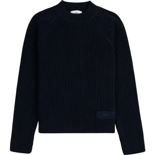 Blauer Jersey Strickpullover mit Rundhalsausschnitt , Herren, Größe: L - Ami Paris - Modalova