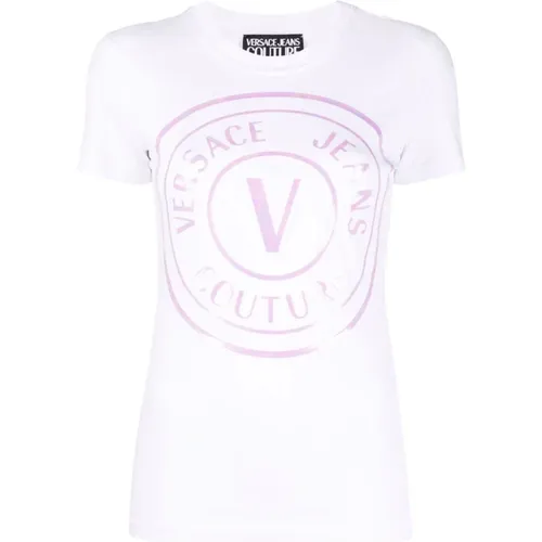 Weißes T-Shirt mit Logo-Print aus Stretch-Baumwolle für Frauen - Versace Jeans Couture - Modalova