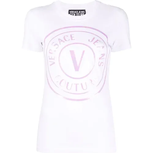 Weißes T-Shirt mit Logo-Print aus Stretch-Baumwolle für Frauen , Damen, Größe: S - Versace Jeans Couture - Modalova