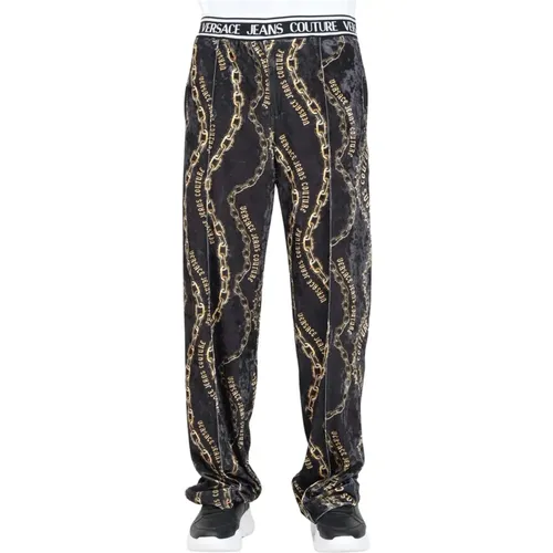 Schwarze Samt-Sport-Hose mit Chromo Couture Print - Versace Jeans Couture - Modalova