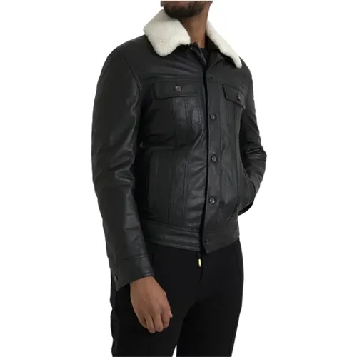 Leather Fur Collar Biker Jacket , male, Sizes: S - Dolce & Gabbana - Modalova