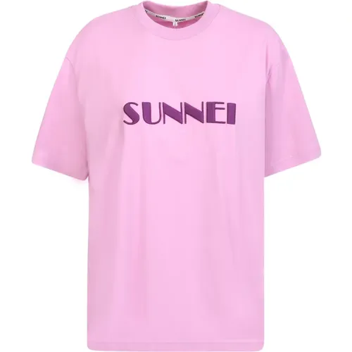 Cotton T-Shirt with Embroidered Logo , female, Sizes: 2XS, XS - Sunnei - Modalova