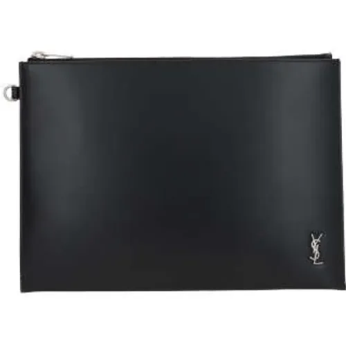 Schwarze Lederclutch mit silberner Hardware , unisex, Größe: ONE Size - Saint Laurent - Modalova