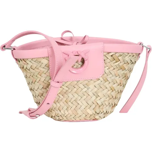 Handwoven Beige and Pink Bucket Bag , female, Sizes: ONE SIZE - pinko - Modalova