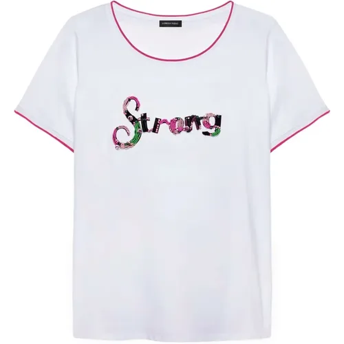 T-Shirt mit gesticktem Schriftzug und fuchsiafarbenem Saum , Damen, Größe: XL - Fiorella Rubino - Modalova