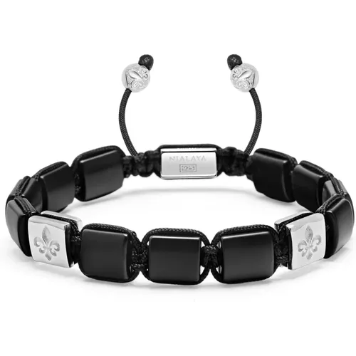 Mens Matte Onyx Flatbead Bracelet in Black and Sterling Silver , Herren, Größe: XL - Nialaya - Modalova