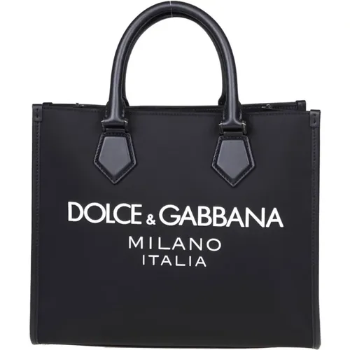 Schwarze Nylon-Einkaufstasche mit Gummi-Logo - Dolce & Gabbana - Modalova