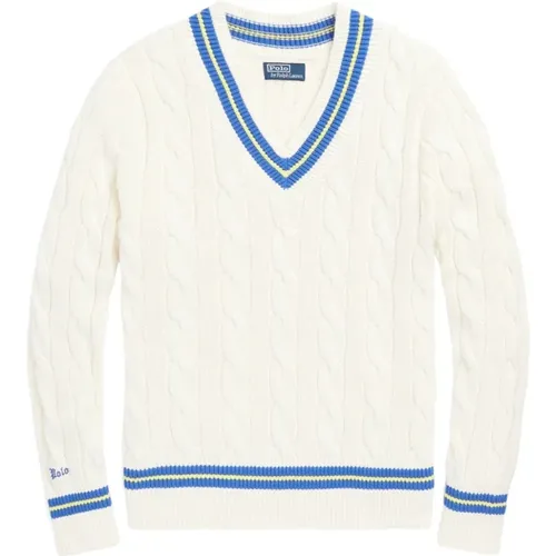 Weißer Pullover V-Ausschnitt Langarm , Herren, Größe: L - Ralph Lauren - Modalova