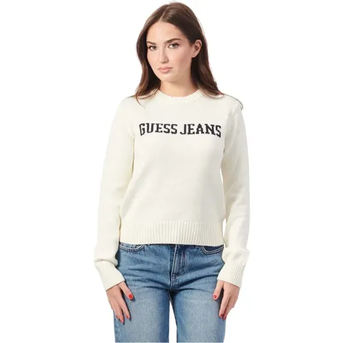 Weißer Rundhalsausschnitt Wollpullover , Damen, Größe: M - Guess - Modalova