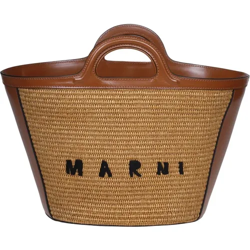 Braune Lederhandtasche mit Besticktem Logo - Marni - Modalova