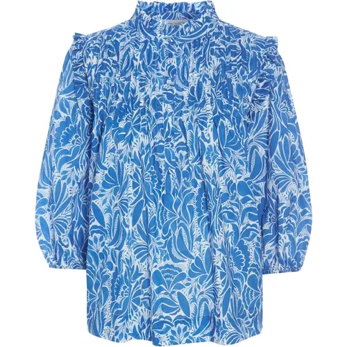 Blue Printed Cotton Blouse with Ruffled Neckline , female, Sizes: S, M, L - Dea Kudibal - Modalova
