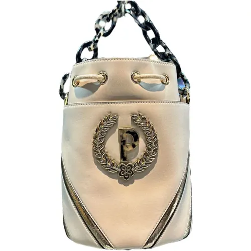 Ivory Chain Handle Shoulder Bag with Adjustable Strap and Gold Laminate Inserts , female, Sizes: ONE SIZE - Pollini - Modalova