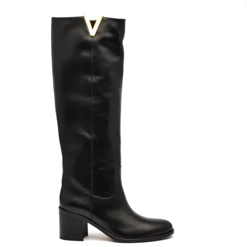 Schwarzer Lederstiefel 7cm Absatz , Damen, Größe: 36 EU - Via Roma 15 - Modalova