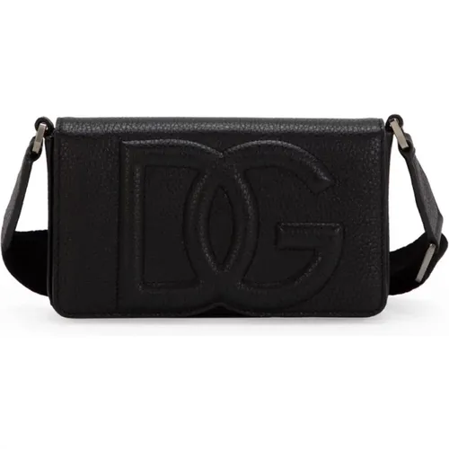 Schwarze Leder-Schultertasche mit Logo,Schwarze Leder Umhängetasche - Dolce & Gabbana - Modalova