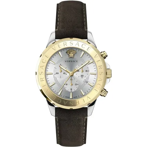 Chrono Signature Leather Silver Gold Watch , male, Sizes: ONE SIZE - Versace - Modalova