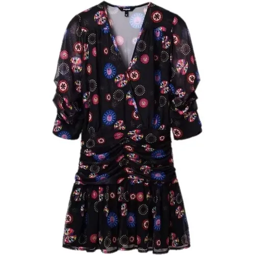 Print V-Ausschnitt Kleid mit 3/4 Ärmeln , Damen, Größe: XL - Desigual - Modalova