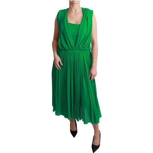 Luxuriöses Grünes Seidenärmelloses Plissee Maxikleid - Dolce & Gabbana - Modalova