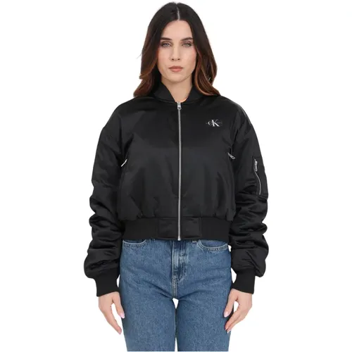 Schwarze Jacke mit Taschen , Damen, Größe: M - Calvin Klein Jeans - Modalova