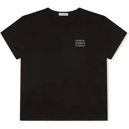 Schwarzes Logo-Patch T-Shirt für Jungen - Dolce & Gabbana - Modalova
