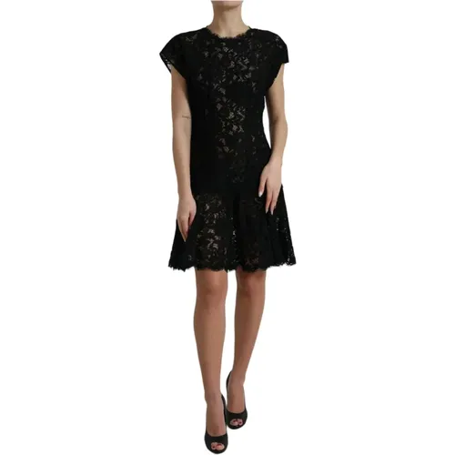 Floral Lace Cotton A-line Mini Dress , female, Sizes: S - Dolce & Gabbana - Modalova