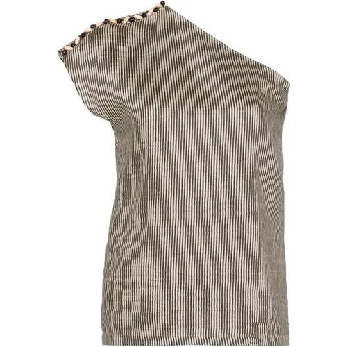 One-shoulder linen blend top with pinstripe , female, Sizes: XS, 2XS - Alysi - Modalova
