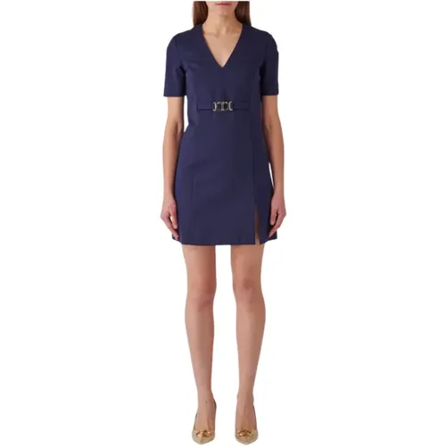 Blaues V-Ausschnitt-Kleid mit Oval T-Logo - Twinset - Modalova