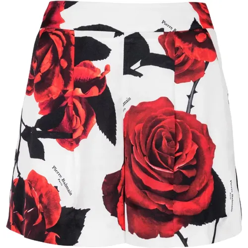 Shorts aus Satin mit Red Roses-Print - Balmain - Modalova
