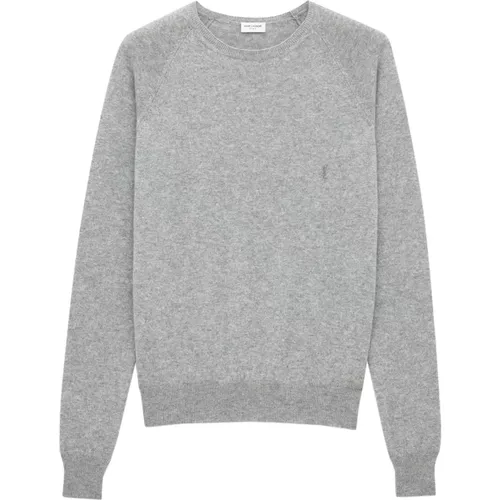 Grauer Cashmere Crewneck Sweater mit Cassandre-Stickerei - Saint Laurent - Modalova