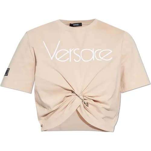 T-Shirt mit Logo , Damen, Größe: 2XS - Versace - Modalova