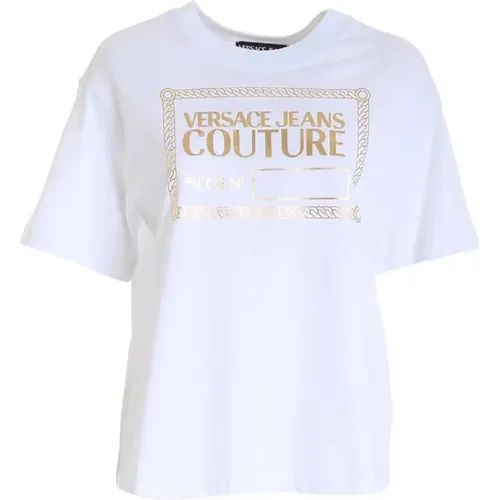 Weißes Damen T-Shirt - M, Klassischer Rundhalsausschnitt mit Gold-Logo - Versace Jeans Couture - Modalova