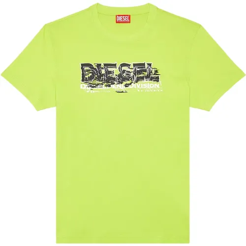 T-Shirt mit verzerrtem Logo,Grünes Slim Fit T-Shirt aus Bio-Baumwolle - Diesel - Modalova
