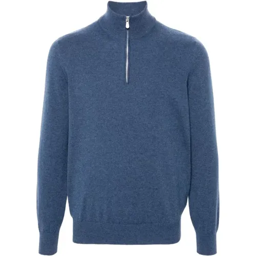 Cashmere Cerulean Sweater Half-Zip Long Sleeve , male, Sizes: 3XL, M, 2XL, XL, L - BRUNELLO CUCINELLI - Modalova