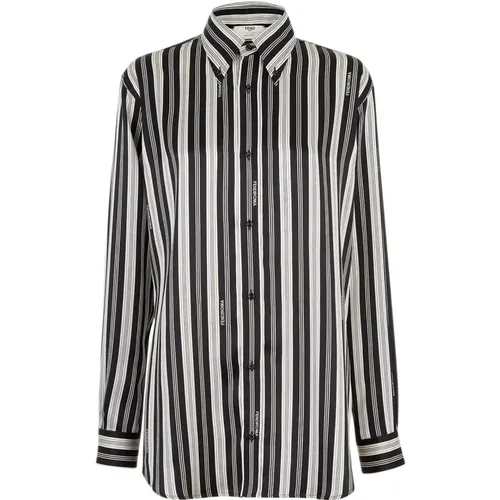 Black Striped Silk Shirt with Embellishments , female, Sizes: XS - Fendi - Modalova