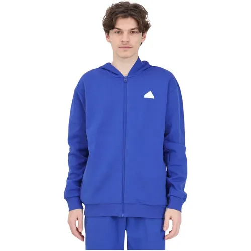 Blaue Kapuzen-Zip-Sweatshirt mit Logo Patches , Herren, Größe: S - Adidas - Modalova