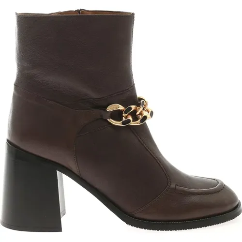 Mahe Booties - Brown Leather Ankle Boots with Golden Chain , female, Sizes: 7 UK, 8 UK, 3 UK - See by Chloé - Modalova