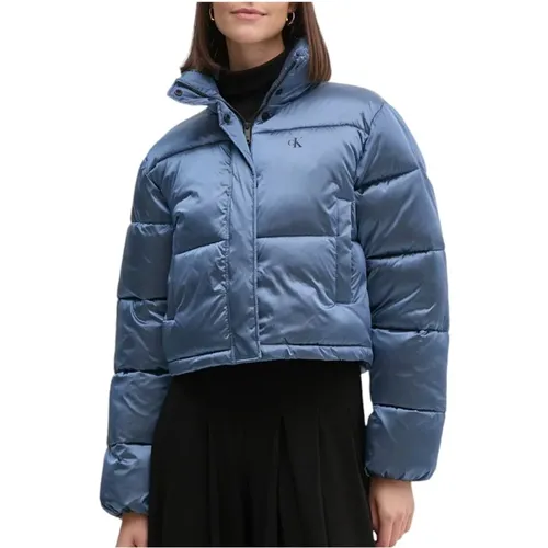 Glänzende Cropped Puffer Jacke Blau , Damen, Größe: S - Calvin Klein - Modalova