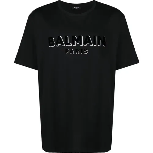 Schwarze T-Shirts und Polos von ,Schwarzes Texturiertes Logo Rundhals T-shirt - Balmain - Modalova