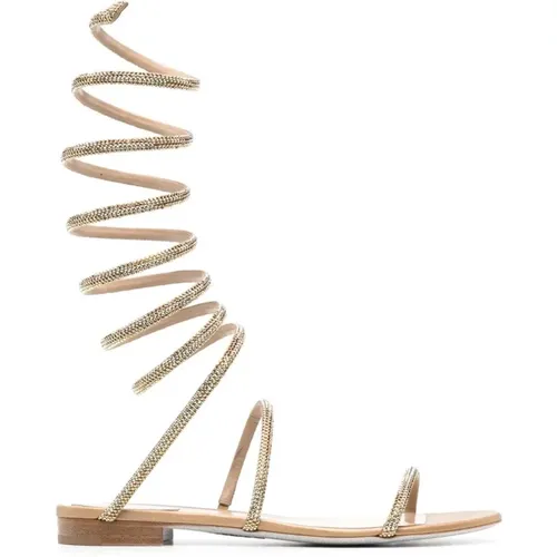 Golden Crystal-Embellished Flat Sandals , female, Sizes: 5 1/2 UK, 8 UK, 3 UK, 4 1/2 UK - René Caovilla - Modalova