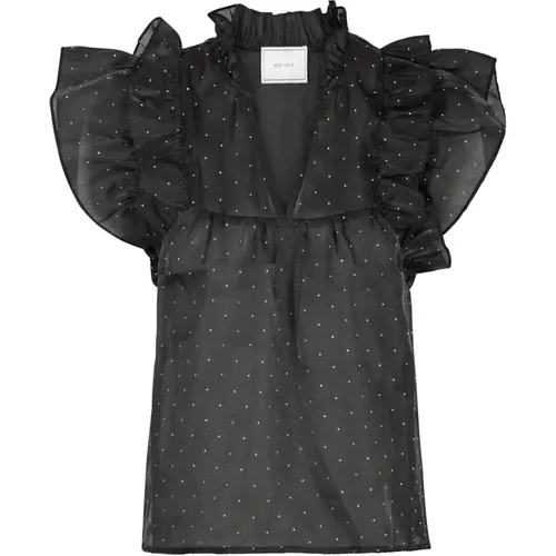 Bedazzled Ruffle Top , female, Sizes: S, XS, L, M, 2XL, XL - NEO NOIR - Modalova