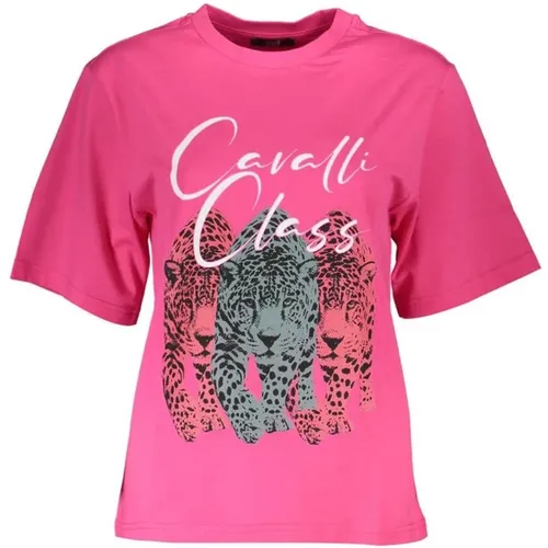 Leopardenmuster T-Shirt - Rosa , Damen, Größe: L - Cavalli Class - Modalova