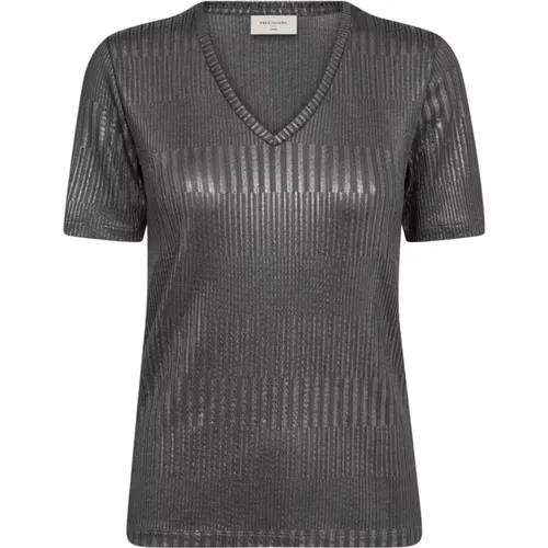 Glitzerndes V-Ausschnitt Rippshirt , Damen, Größe: M - FREEQUENT - Modalova